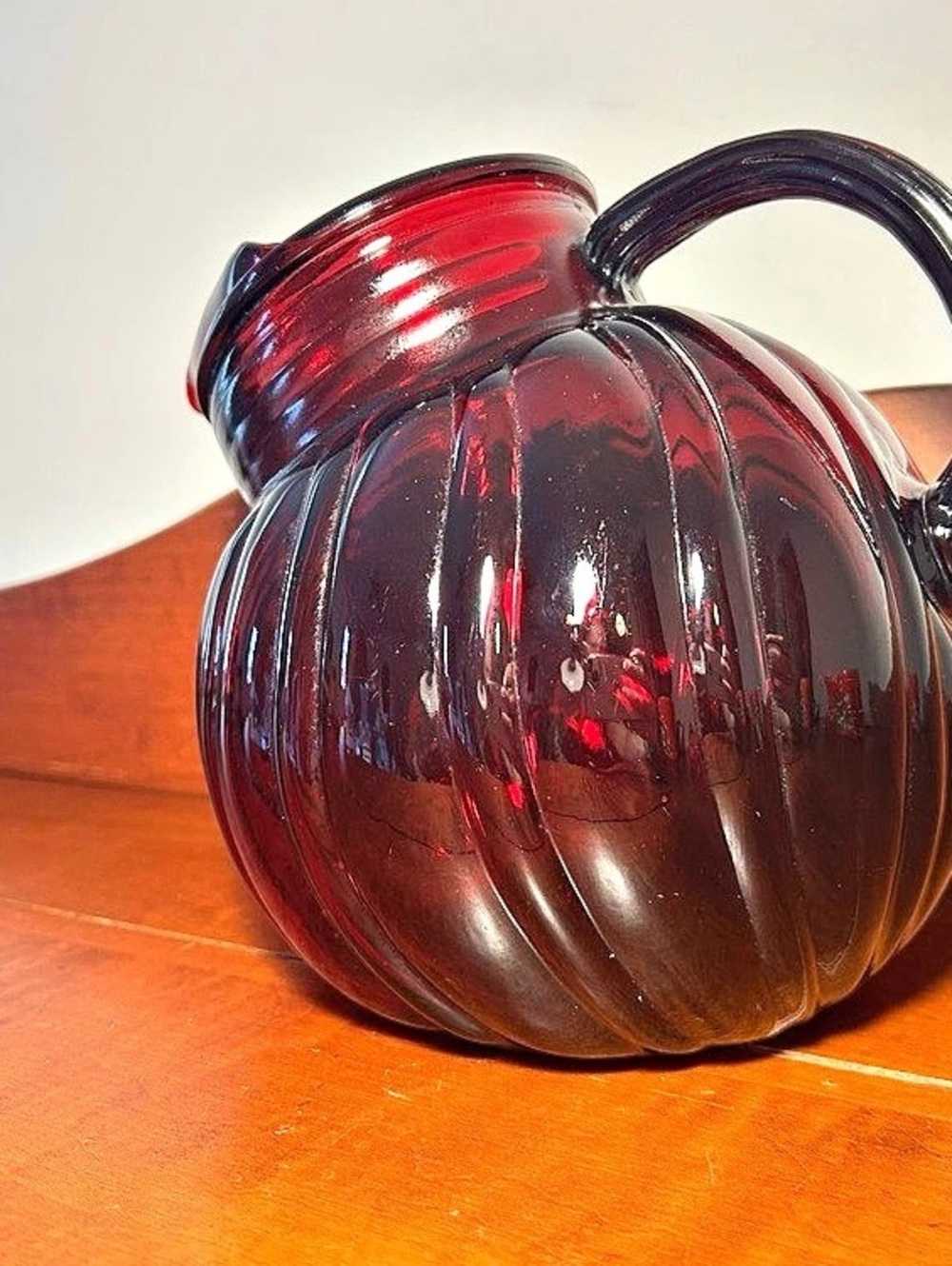 Ruby Cranberry Red Ribbed Pitcher 7.5” tall x 7.75” wide x 6.25” depth